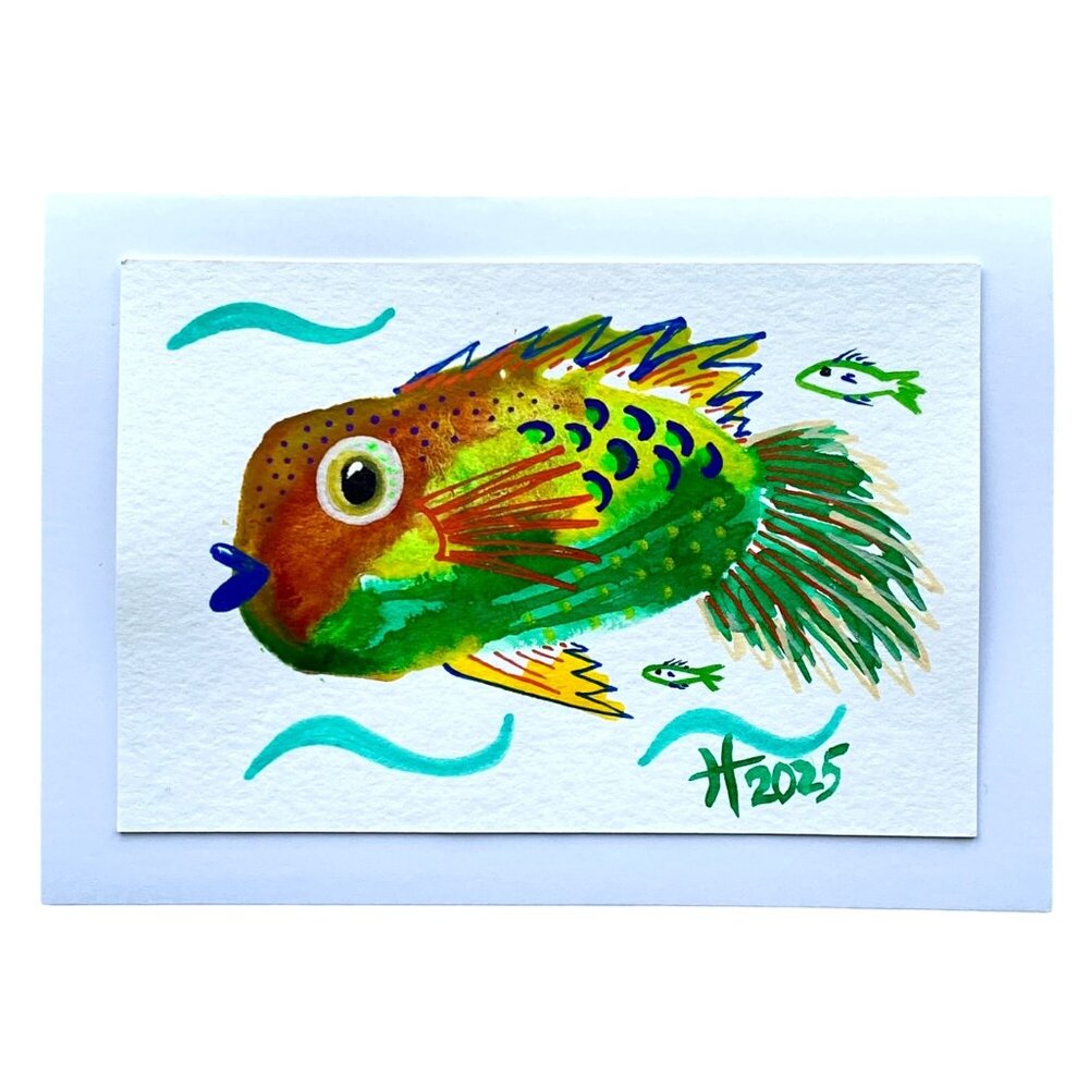 Funky Fish Acrylic Art Handmade Original Blank Greeting Card and Envelope